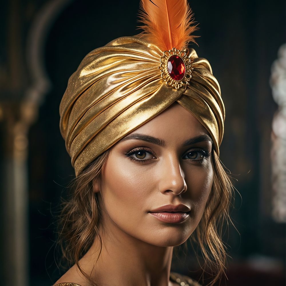 Ethnic Fashion India - 깃털 터번 모자 아라비아 모자 라인스톤